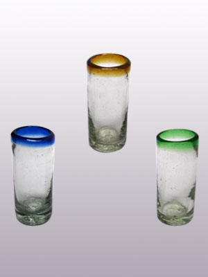 Sale Items / Blue & Green & Amber Rim 2 oz Tequila Shot Glasses  / Perfect for parties, this set includes two shot glasses with each colored rim: cobalt blue, emerald green and amber.